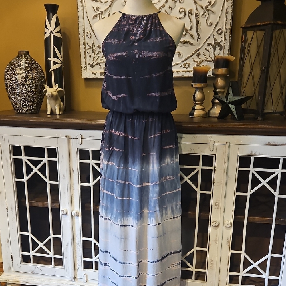 Blue and White Sleeveless Halter Maxi Dress